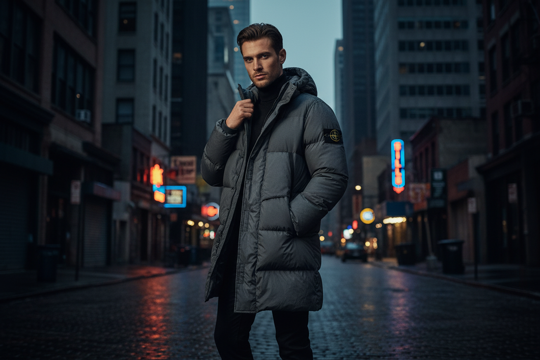 Male model wearing Stone Island luxury puffer jacket - Best Designer Outlet Brands Worth Investing In