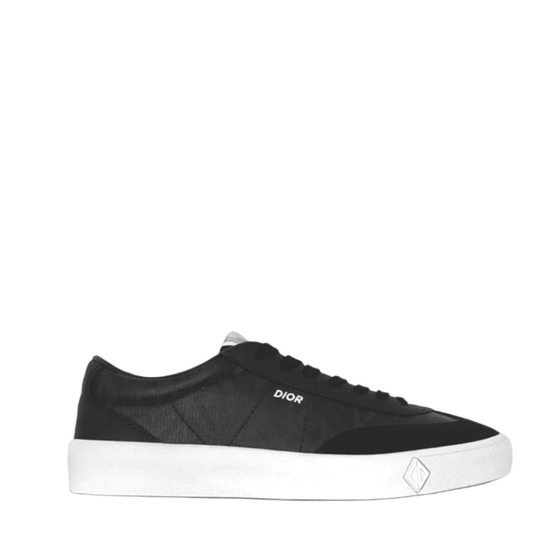 A black Dior low-top sneaker with a white rubber sole, shown in a side profile on a clean white background.
