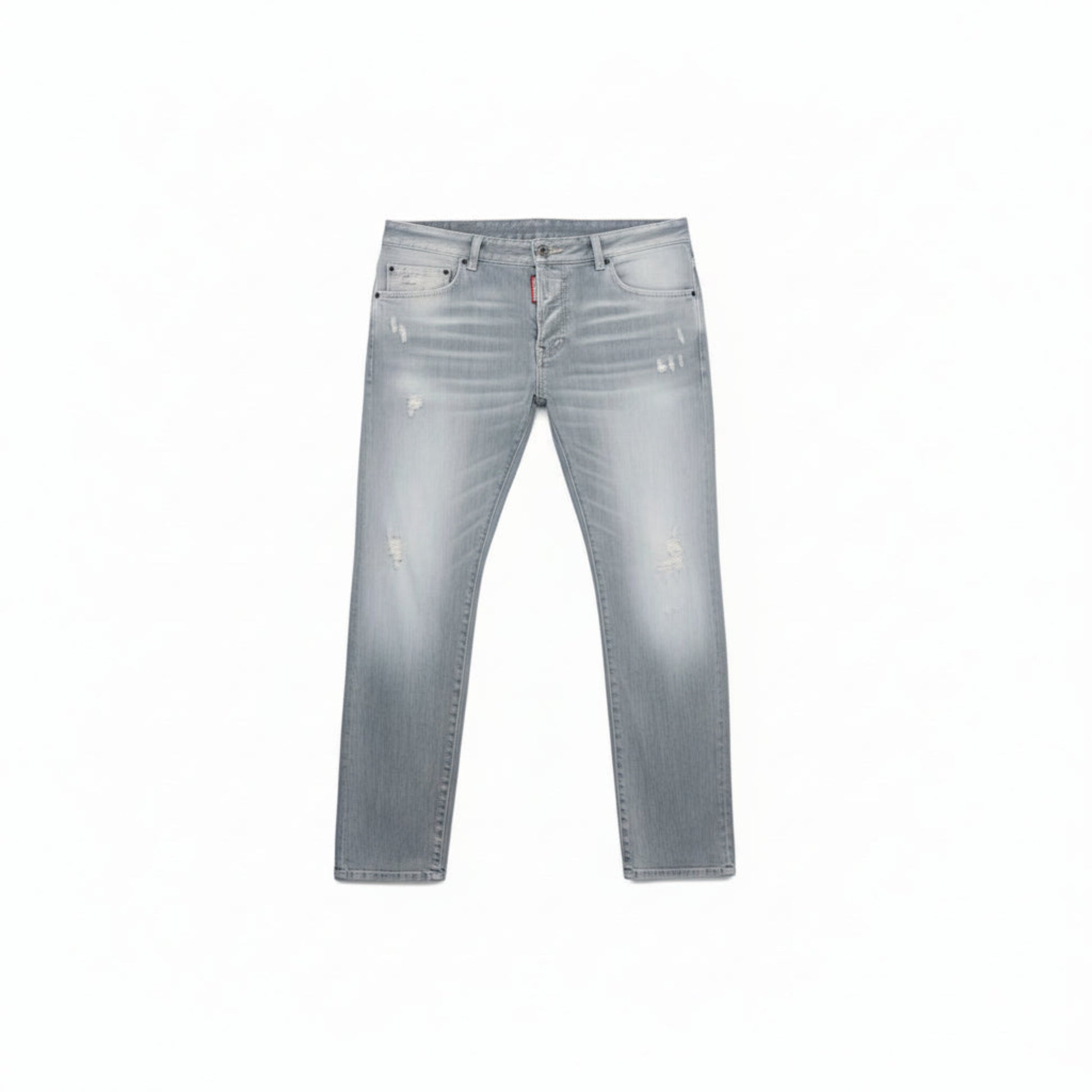 Light blue jeans with a brand logo on a white background