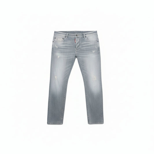 Light blue jeans with a brand logo on a white background